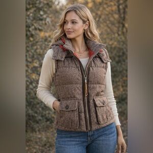 Eddie Bauer Yukon Down Puffer Vest Brown Wool Blend Hooded XS